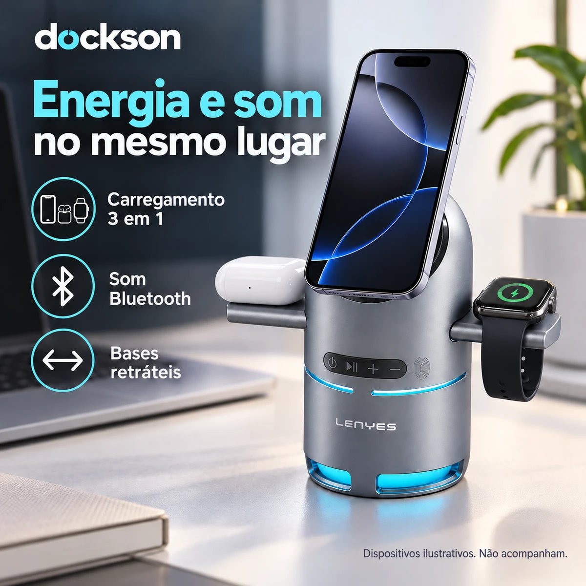 Visão geral dos benefícios de Estação de Carregamento 3 em 1 com Caixa de Som Bluetooth