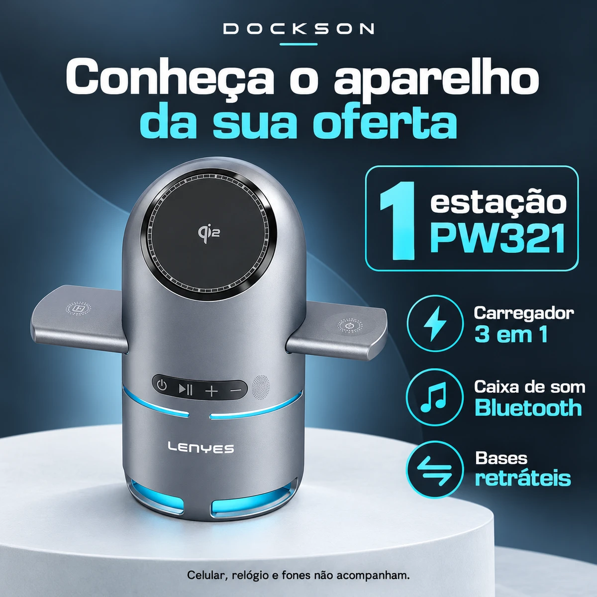 Itens que acompanham Estação de Carregamento 3 em 1 com Caixa de Som Bluetooth