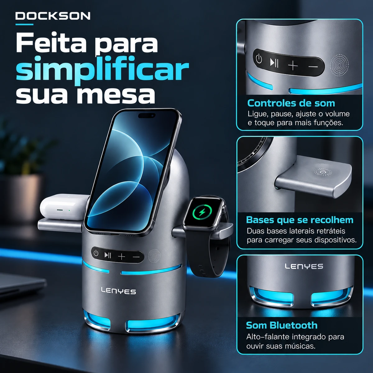 Detalhes de construção, materiais ou ajustes de Estação de Carregamento 3 em 1 com Caixa de Som Bluetooth