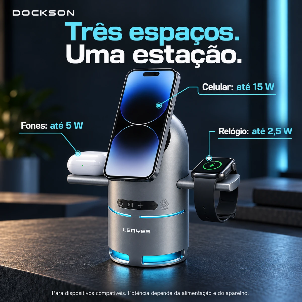 Demonstração da principal funcionalidade de Estação de Carregamento 3 em 1 com Caixa de Som Bluetooth