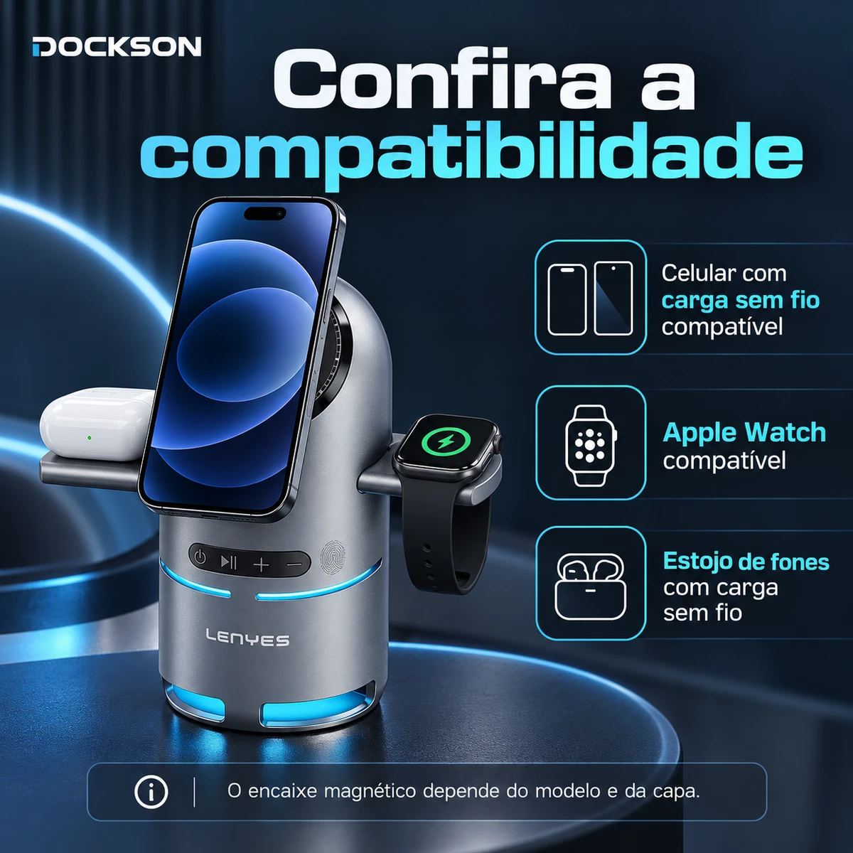 Medidas, capacidade ou compatibilidade de Estação de Carregamento 3 em 1 com Caixa de Som Bluetooth
